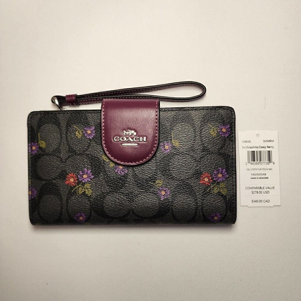 NWT Coach CM838 Tech Phone Wallet In Signature Canvas With Country Flora… - Picture 1 of 3